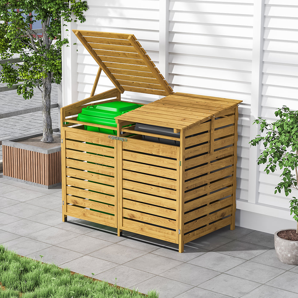 5x3ft natural spruce wood bin storage shed with dual lids and front-opening doors, ideal for outdoor waste management